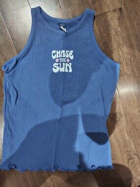 Old Navy Blue Ribbed Tank Top with 'Chase the Sun' Graphic
